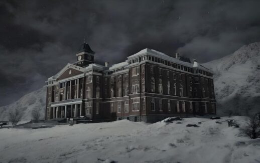 Abandoned hospital on snowy mountainside
